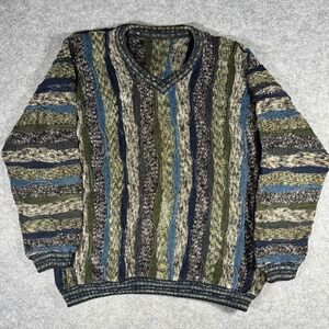Vintage 90s 3D Textured Knit V-Neck Sweater Green Blue Tones Large Coogi-Style